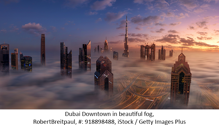 Dubai Downtown in beautiful fog
RobertBreitpaul, #: 918898488, iStock / Getty Images Plus
